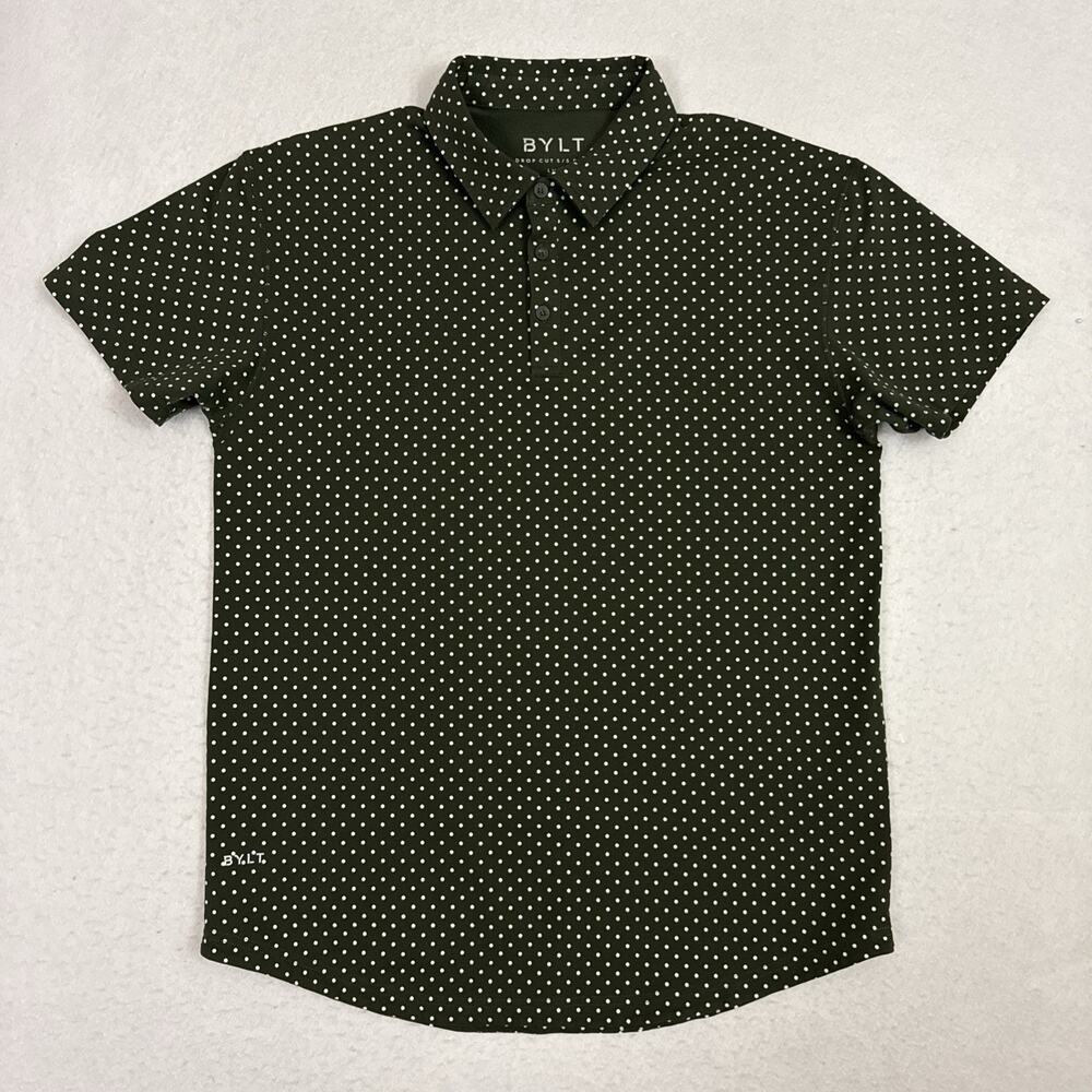 BYLT Drop Cut Lux Polo Men Large Green White Dotted Stretch Short Sleeve Golf
